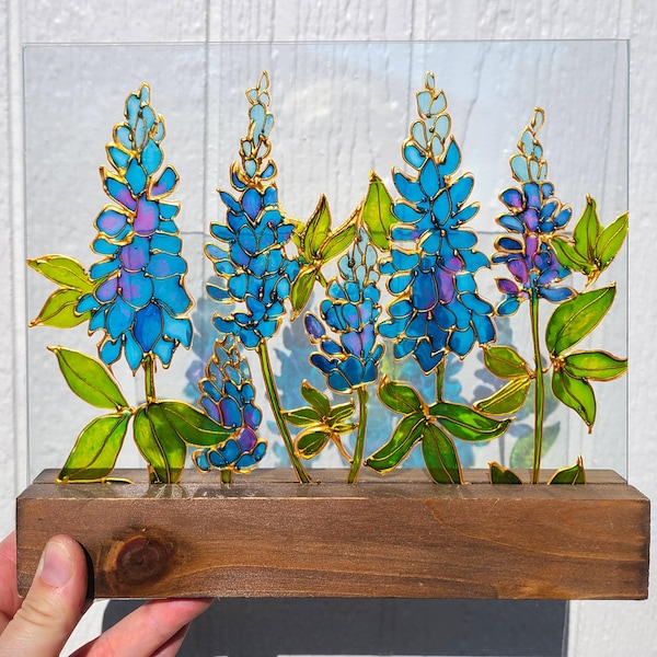 Texas Bluebonnet Suncatcher Window, Meadow flowers Wild flowers glass painting, Window Hanging, Stained glass, Lupine, Texas State Flower.