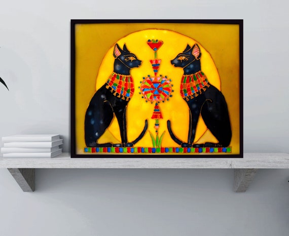 Egyptian Cats Stained Glass Painting: Framed Cat Wall Decor (14x11 in)