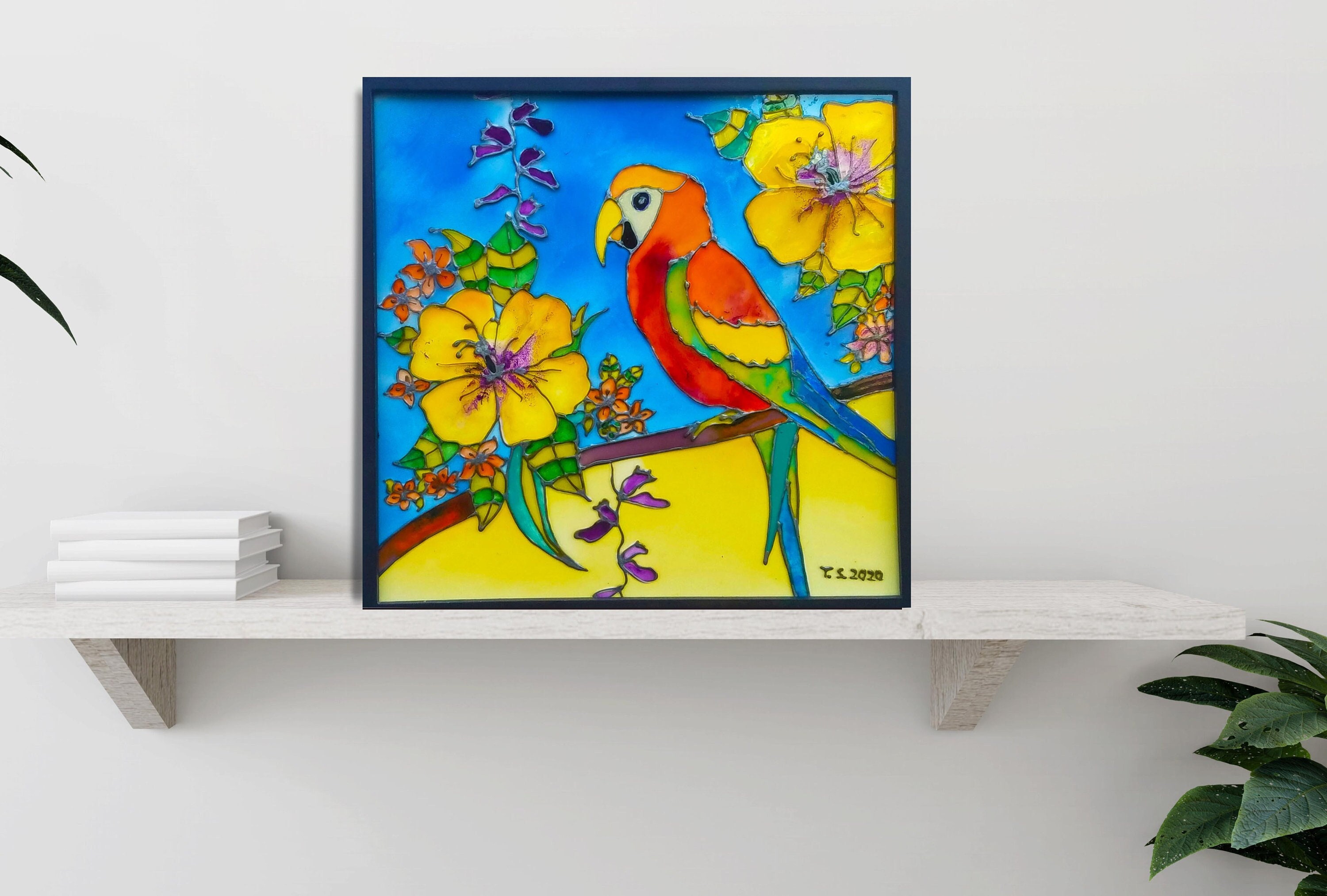 PAPAGEI GLAS-KUNST Wandkunst, Vogel-Kunst-Dekor, Blumen-Wandplatte, gepresste Blumenkunst, Glaskunst-Geschichten, tropische Vogelkunst, kleine Vogelmalerei