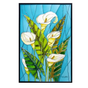 May include: A framed stained glass artwork featuring white calla lilies with green leaves on a blue background. The artist's signature and date, "Y.S. 2013", is visible in the bottom right corner.