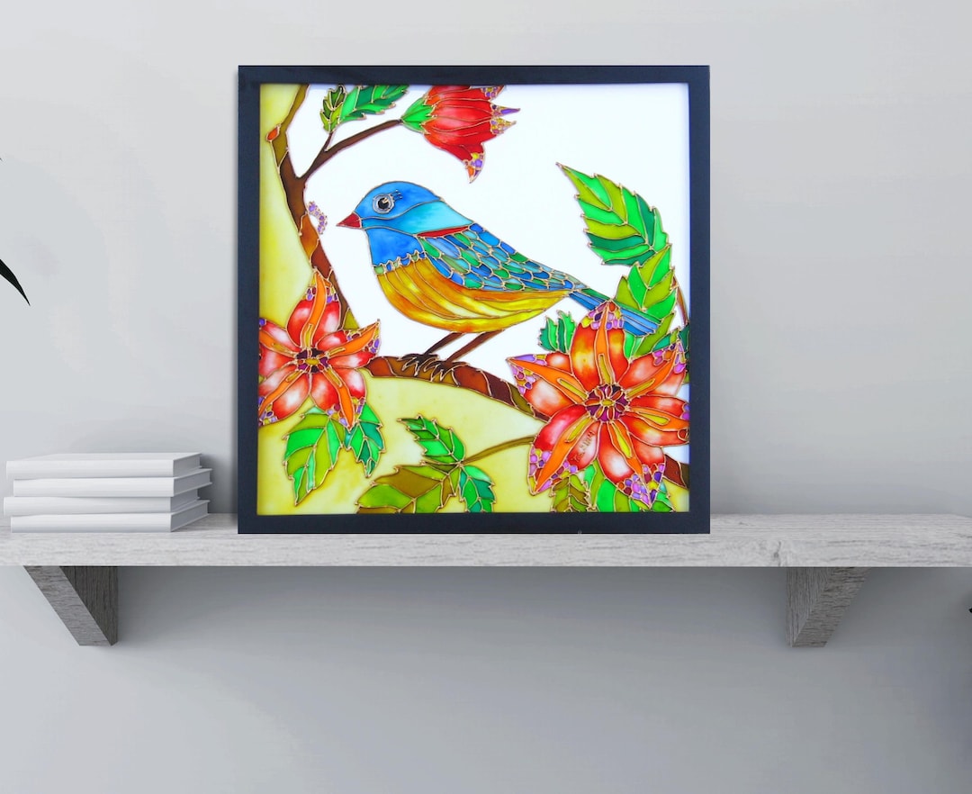 Folk Art Blue Bird With Red Flowers, Art Glass Painting. - Etsy