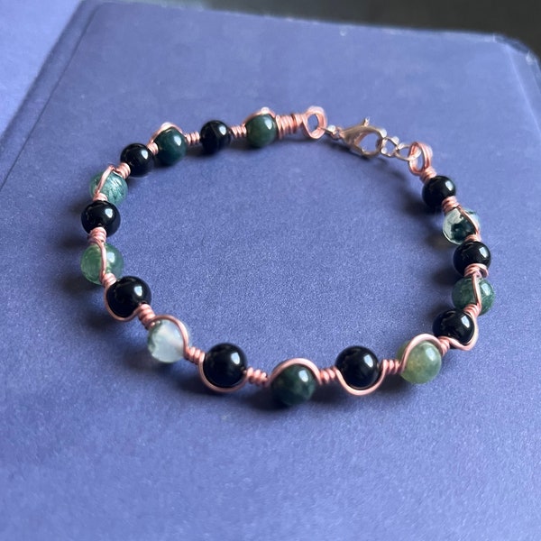 Onyx & Moss Agate Crystal Bracelet - wire wrapped in copper or silver