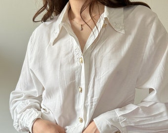 Blusa blanca vintage de los años 70 / Blusa retro de encaje de manga larga / XS-M