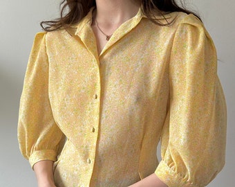 blouse abstraite jaune vintage des années 80 | Chemisier rétro à manches longues | TP-M
