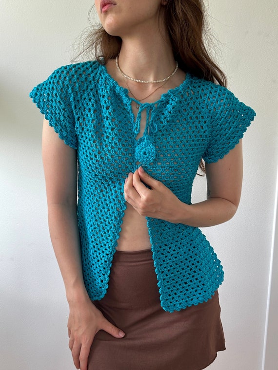 Vintage 60s Blue Crochet Cardigan: Retro Tie up Top (XS-S) - Etsy