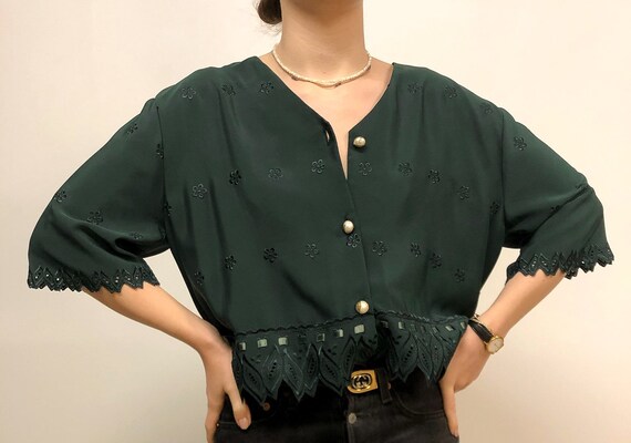 90s Silky Forest Green Flower Blouse | Minimalist