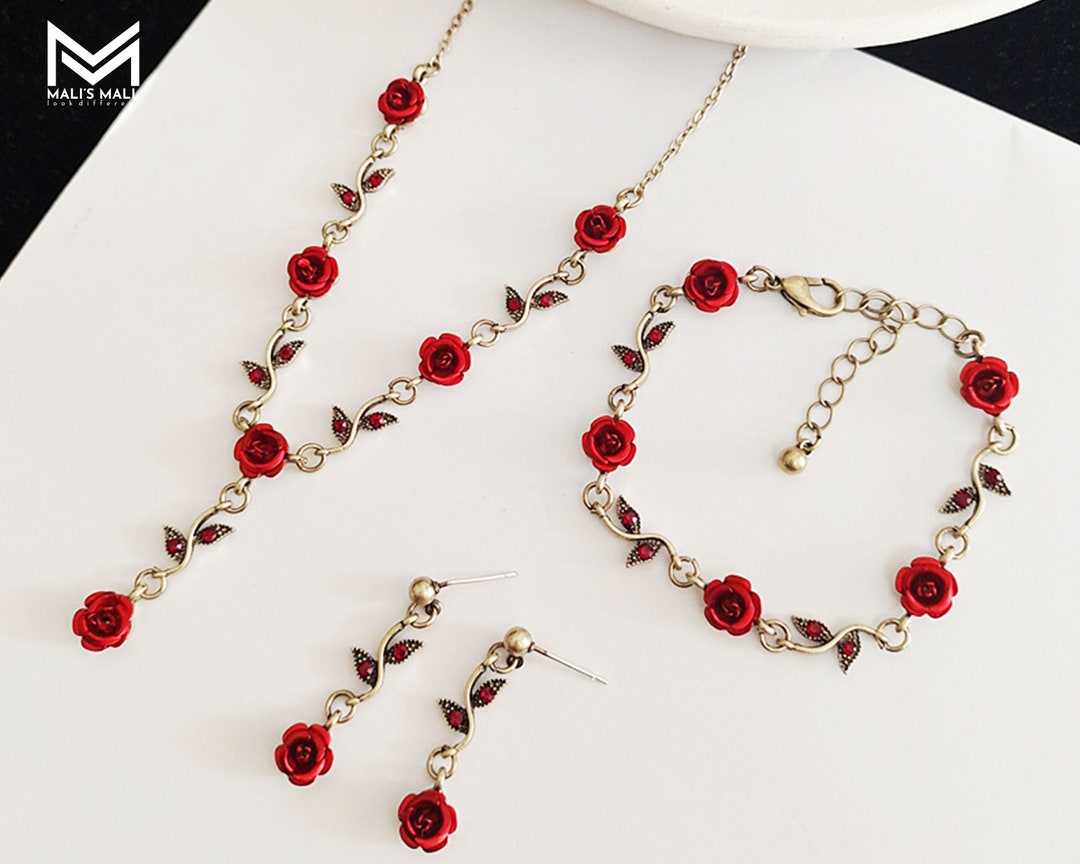 Red Rose Jewelry Sets Women Vintage Necklace Fairy Flower Bracelet Rose