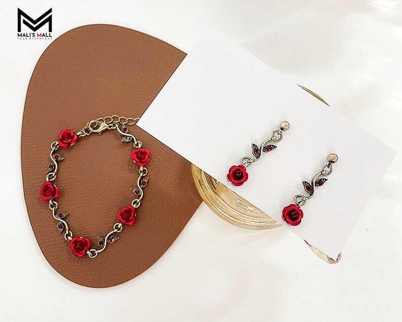 Red Rose Jewelry Sets Women Vintage Necklace Fairy Flower Bracelet Rose