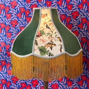 Aria- Hand Sewn Bird Velvet Lampshade with Green Velvet and Yellow Fringe and Bead Details- Large
