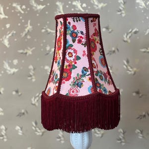 Geneviève- Hand Sewn Lampshade with French Fabric- Bold Pink and Floral Pattern on Light Pink Background with Maroon Fringe