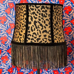 Learning Curve Collection- Sophia- Hand Sewn Tan and Black Cheetah Spots Lampshade with Velvet Ribbon Trim and Tan and Black fringe