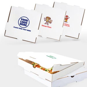May include: White pizza boxes with various logos and text, including "YOUR LOGO HERE" and "Deluxe Pizza." One box is open, revealing a pizza with toppings. The boxes are stacked, suggesting a food delivery or takeout service.
