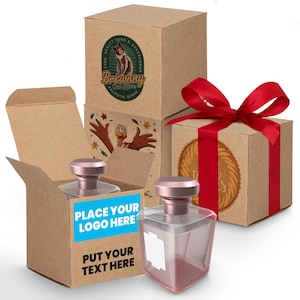 May include: A collection of brown cardboard boxes, some with lids open, showcasing perfume bottles with pink caps. One box has a red ribbon. Text on the boxes includes "PLACE YOUR LOGO HERE" and "PUT YOUR TEXT HERE".