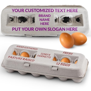 May include: Two egg cartons with text, one with customizable text and the other with "Hand Gathered", "Pasture Raised", "Luigi's Farmette", "Fresh", and "12 Eggs". Two brown eggs are next to the cartons.