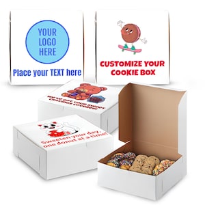 May include: White cardboard boxes with different designs for cookies and donuts. One box has a cartoon bear with a jar of cookies, another has a cartoon cat with a donut, and a third has a cartoon cookie skateboarding. The text on the boxes says "We've got your sweet cravings covered!" and "Sweeten your day, one donut at a time!"