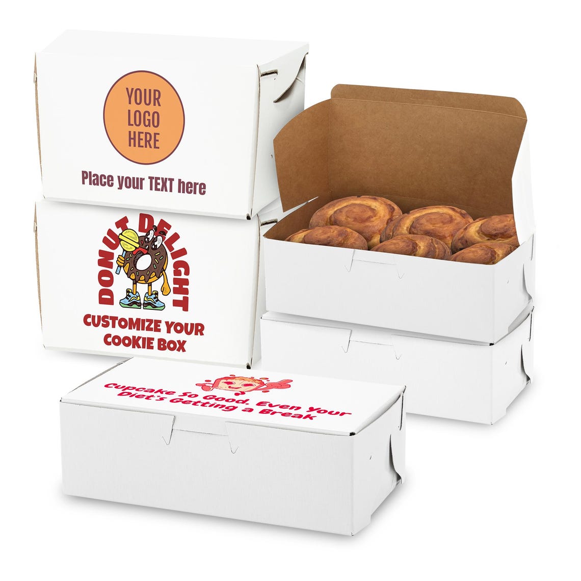 MT Products Custom Printed Bakery Boxes - 8" X 5.5" X 4" White Donut ...