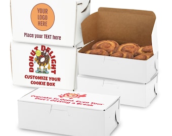 MT Products Custom Printed Bakery Boxes - 8" x 5.5" x 4" White Donut and Cupcake Boxes Printed with Logo - Made in the USA