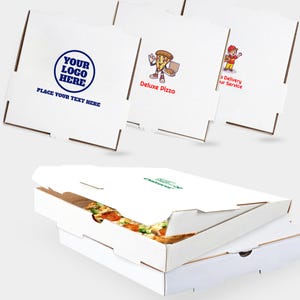 May include: White pizza boxes with various designs, including a logo template and cartoon pizza characters. One box is open, revealing a pizza with toppings. The boxes are stacked, showcasing a pizza delivery theme.