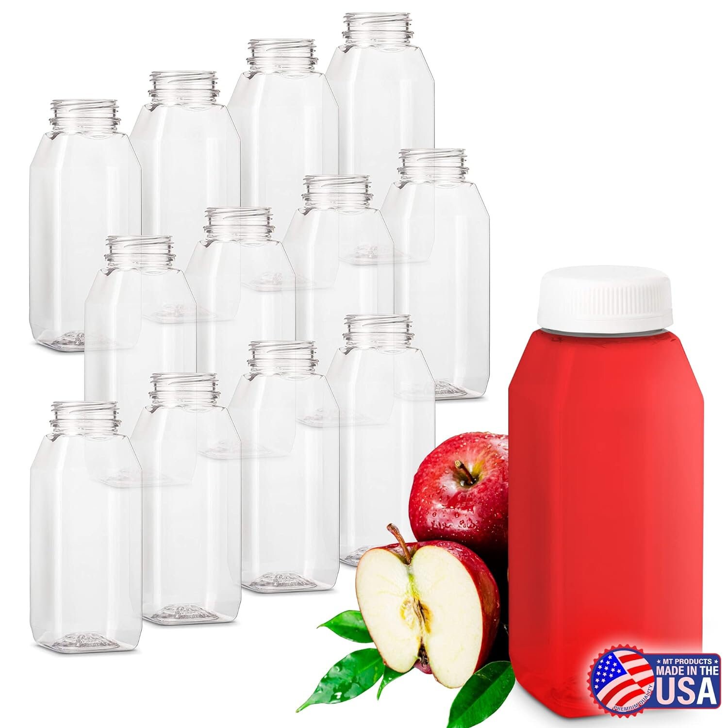 12-OZ Square Plastic Juice Bottles with lids - 100-CT