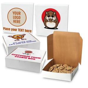 May include: Four white cookie boxes with different designs. The first box has a brown circle with the text "YOUR LOGO HERE" and the text "Place your TEXT here". The second box has a cartoon hamster eating a cookie. The third box has a cartoon cookie with glasses and the text "IT'S COOKIE TIME! LET'S HAVE FUN TOGETHER". The fourth box has a cartoon cookie on a skateboard and the text "CUSTOMIZE YOUR COOKIE BOX".