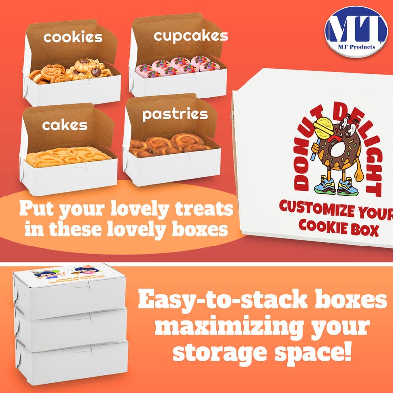 MT Products Custom Printed Bakery Boxes - 8" X 5.5" X 4" White Donut ...