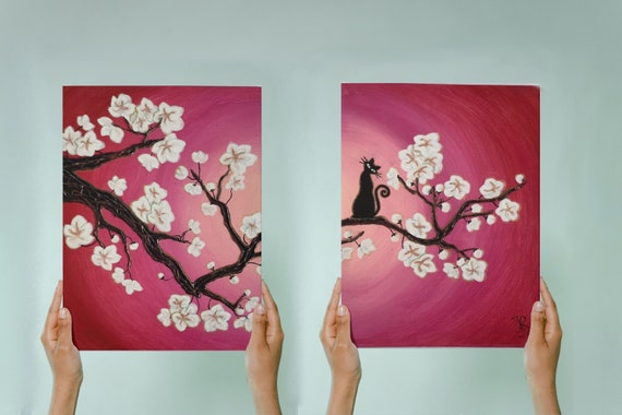 Original 2 Piece Wall Art Black Cat on Cherry Blossom Tree