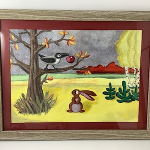 Dipinto acrilico di gazza, coniglio e mela in stile ingenuo / Cartone animato incorniciato opera d'arte murale originale