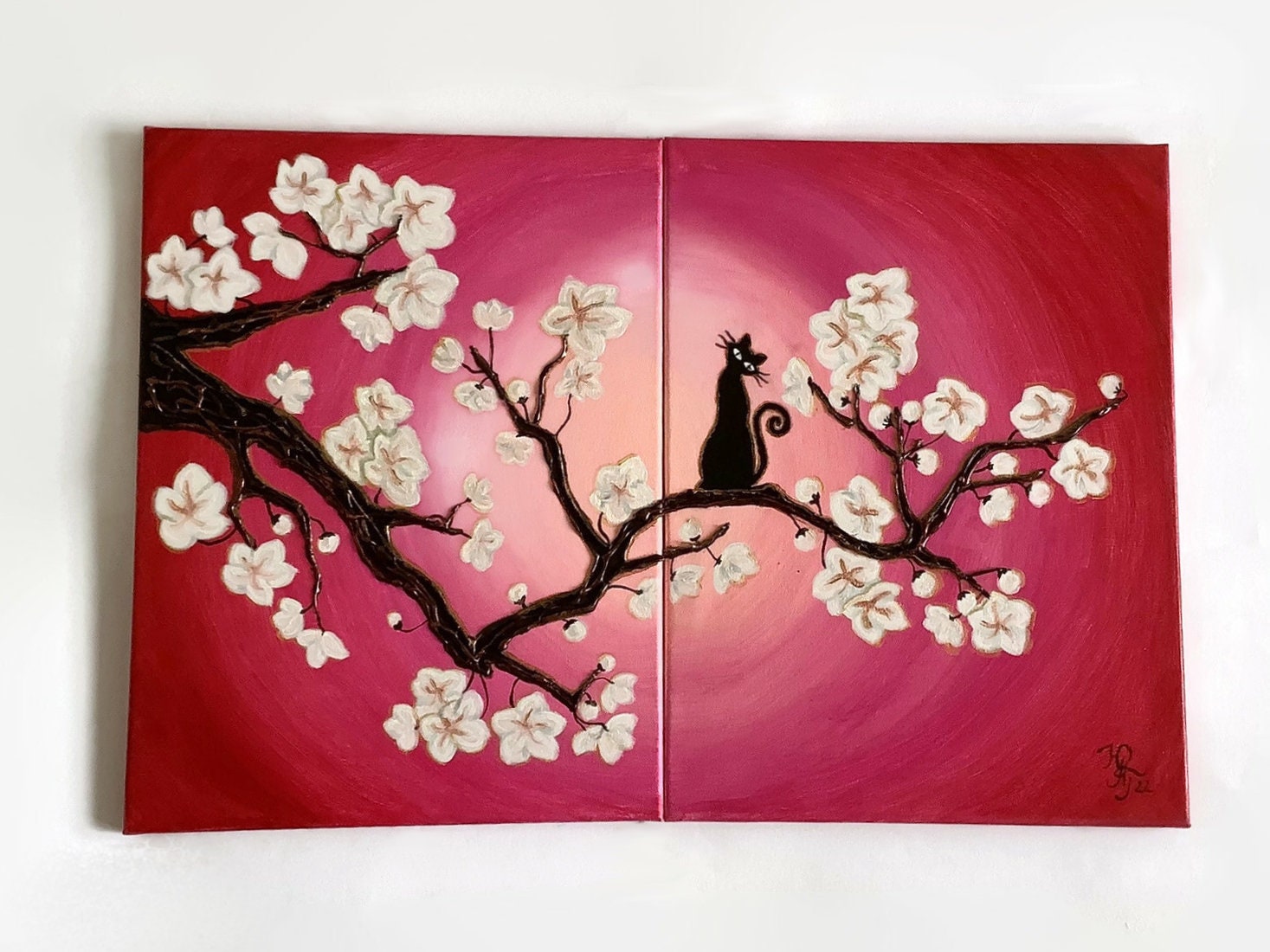 Original 2 Piece Wall Art Black Cat on Cherry Blossom Tree Wall