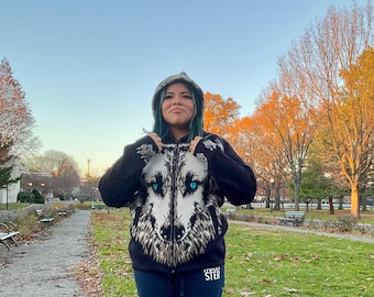 Handmade Alpaca Wool Jacket, Native Designs, Wolf, Indian, Very Soft and Warm