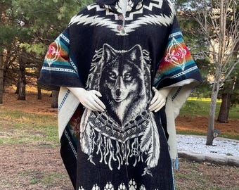 Alpaca Wool Poncho: Dreamcatcher Wolf Design, Handcrafted by Indigenous Hands, Soft and Warm