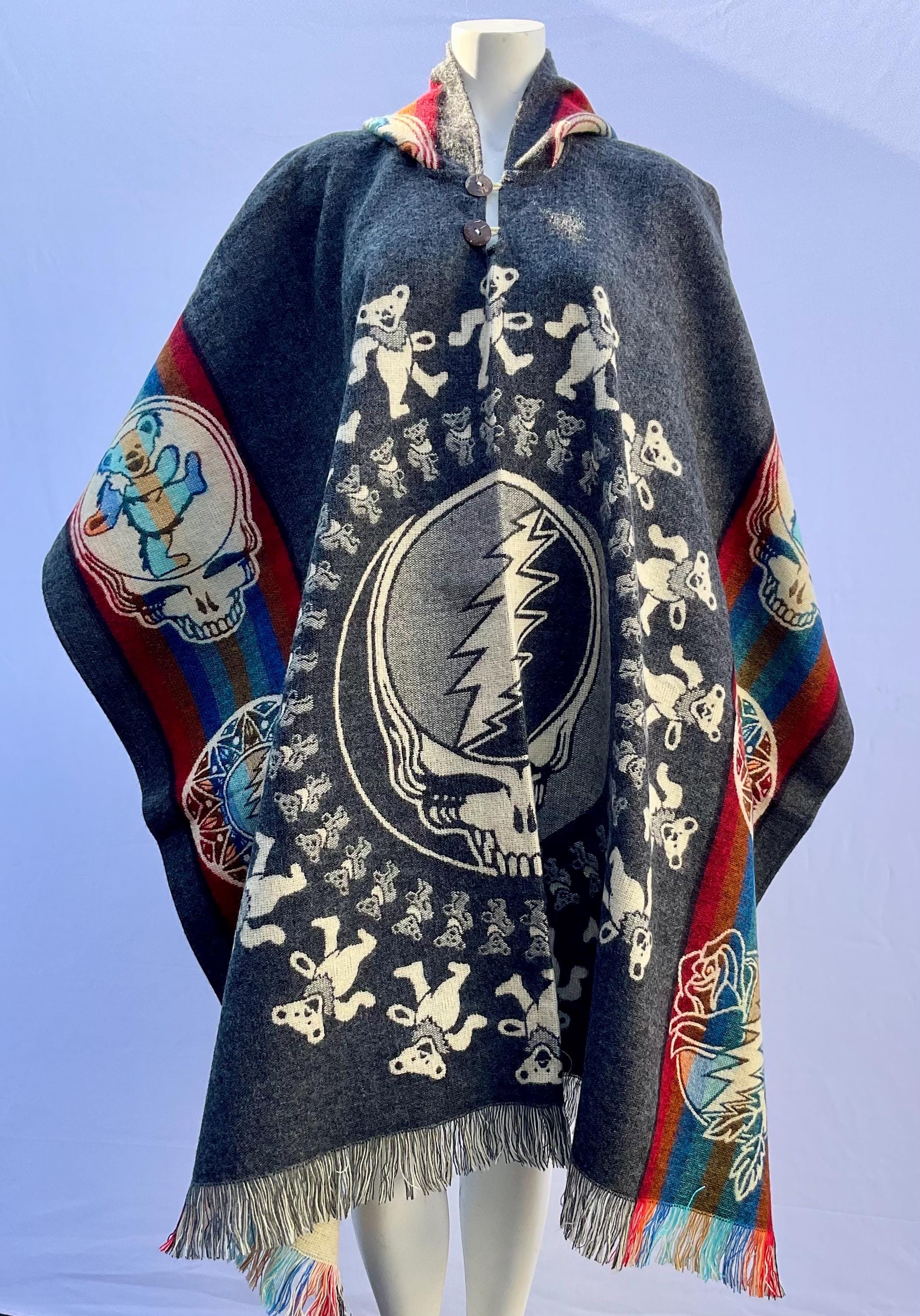 Native Alpaca Wool Poncho, Grateful Dead Bear Mandala, Handcrafted