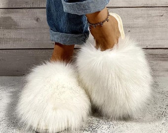 Colourful Winter Slippers Adults Fashion Designer Fur Feather Slides | Fluffy Instagram Smile Deco Y2K 00s Birthday Present