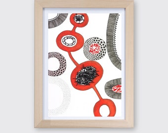 Abstract drawing with embroidery, black and red