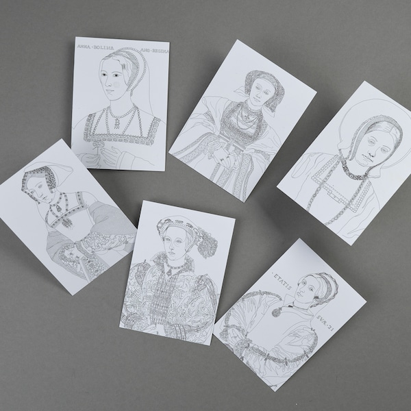 Frauen von Heinrich VIII, Postkarten-Set, Linien-Zeichnungen s/w, 6 Karten, A6