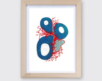Abstract drawing in blue with red embroidery