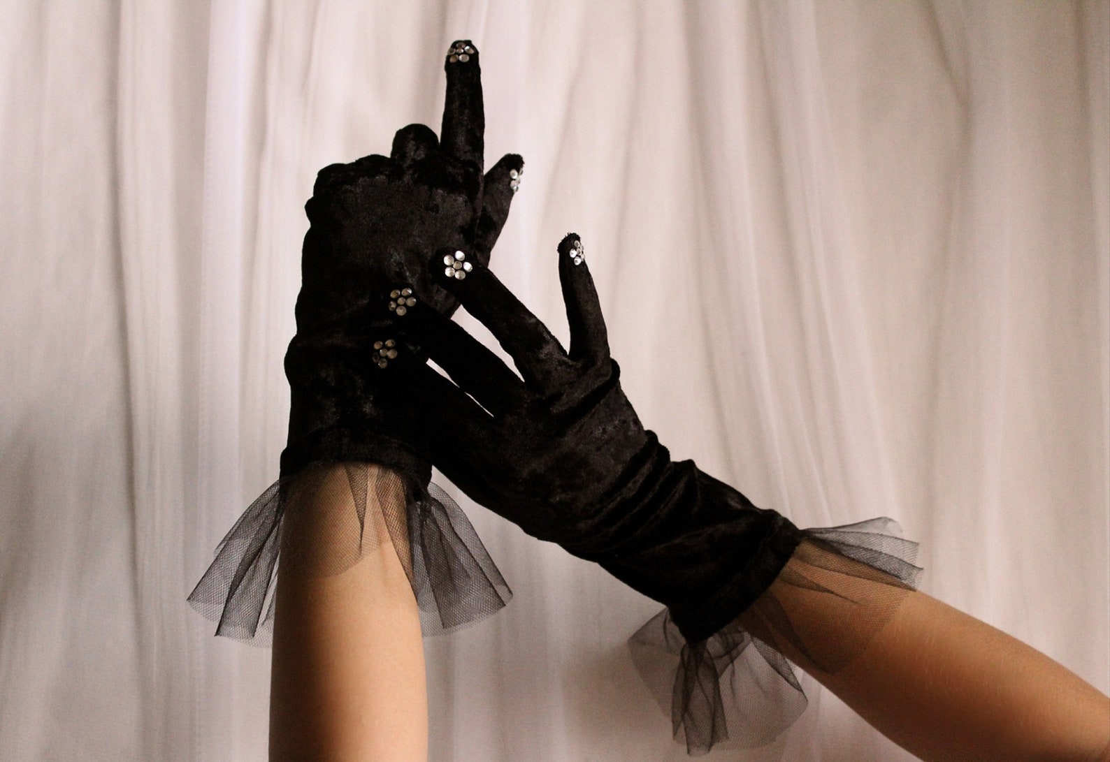 Black Velvet Gloves with Glittering Rhinestones and Tulle Etsy