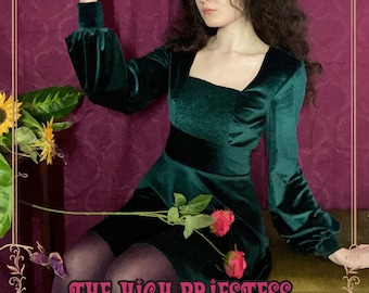 Velvet Bishop Sleeve 1970s Square Neck Shirred Dress