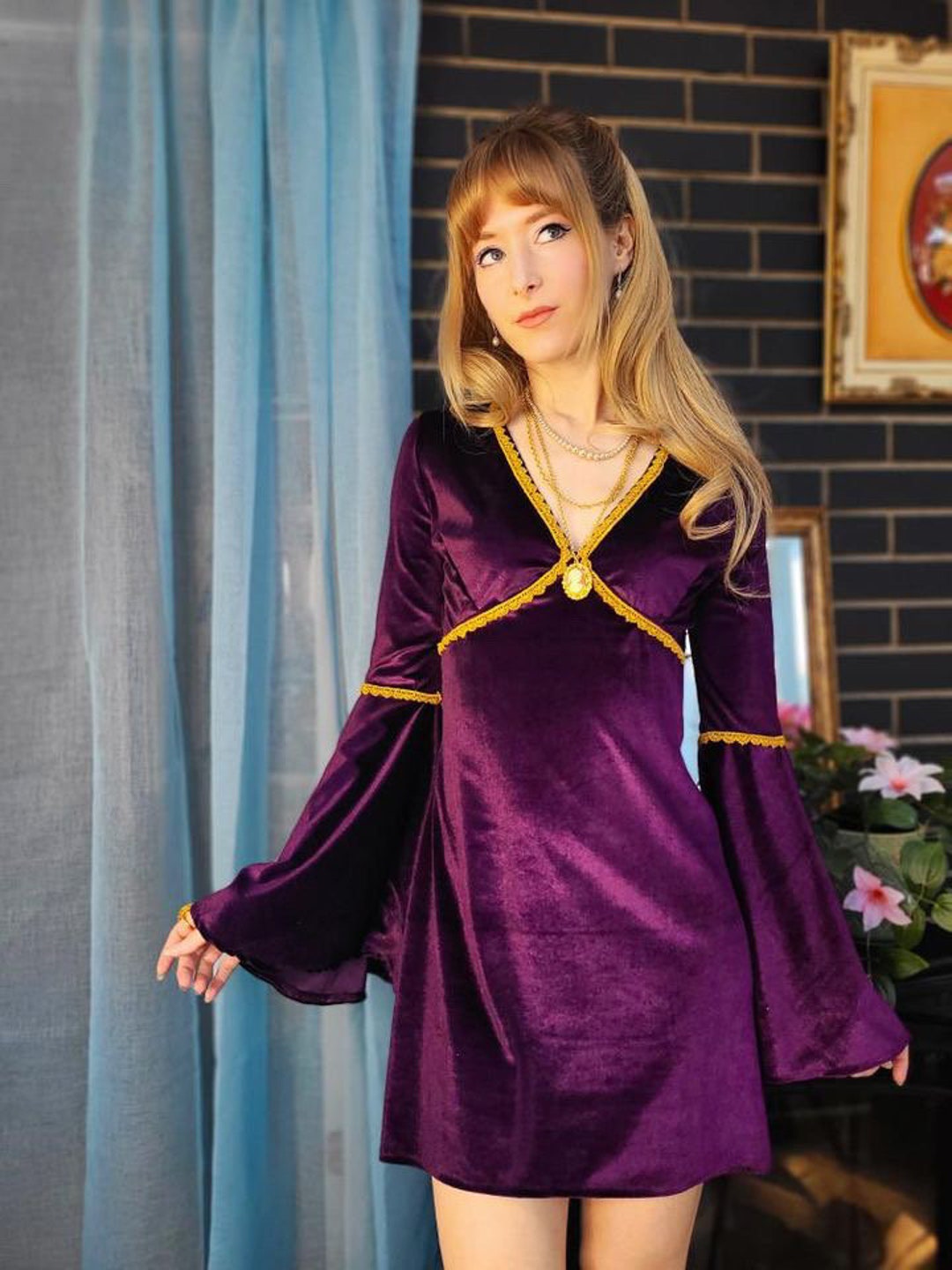 1960s Witchy Bell Sleeve Velvet Handmade Medieval Dress - Etsy