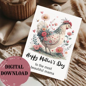 Cartões de felicitações para mães para impressão em casa, cartões de Dia das Mães para download, cartão de felicitações para download digital, cartões DIY para casa, cartão engraçado para mãe e galinha