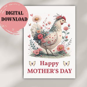 Cartão para imprimir para o Dia das Mães, Cartão para baixar para a mãe, Cartões de felicitações DIY, Downloads digitais, Cartões para impressão em casa, Cartão engraçado de mãe e galinha