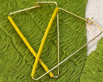 Chartreuse Triangle Hoops/ Triangle Hoop Earrings/ Beaded Hoop Earrings/ Stainless Hoop Earrings