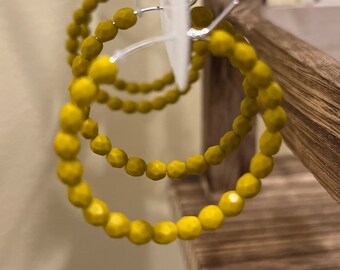 Mustard Yellow Crystal Beaded Hoop Earrings, Stainless Steel