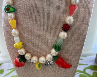 Beaded Charm Necklace/ Farmers Market Necklace/ Vintage Pearl Necklace/ Fruit Necklace