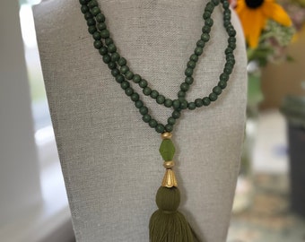 Khaki Tassel Necklace/ Wood Bead Tassel Necklace/ Army Green and Gold Necklace