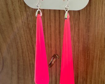 Hot Pink Dangle Earrings/ Acrylic Earrings/ Sterling Silver Earrings