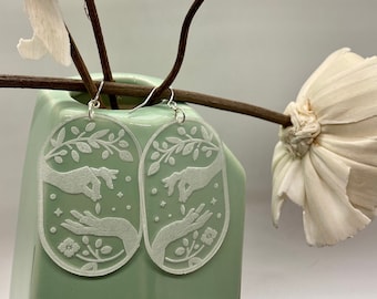Planting Hands Earrings - Laser Etched Acrylic Lucite - Gold Plated Jewelry Hardware