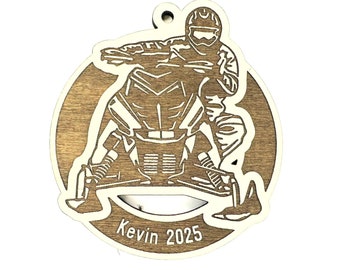 Personalized Snowmobile Christmas Ornament, Laser-Etched Wood