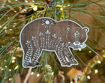 Floral Tribal Bear with fish  Baltic Birch Wood Engraved Ornament