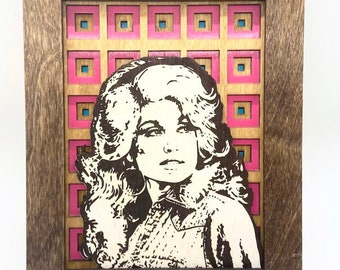 Dolly Parton wood portrait 8"x10" pink and blue squares