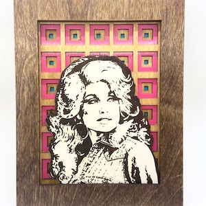 Dolly Parton wood portrait 8"x10" pink and blue squares